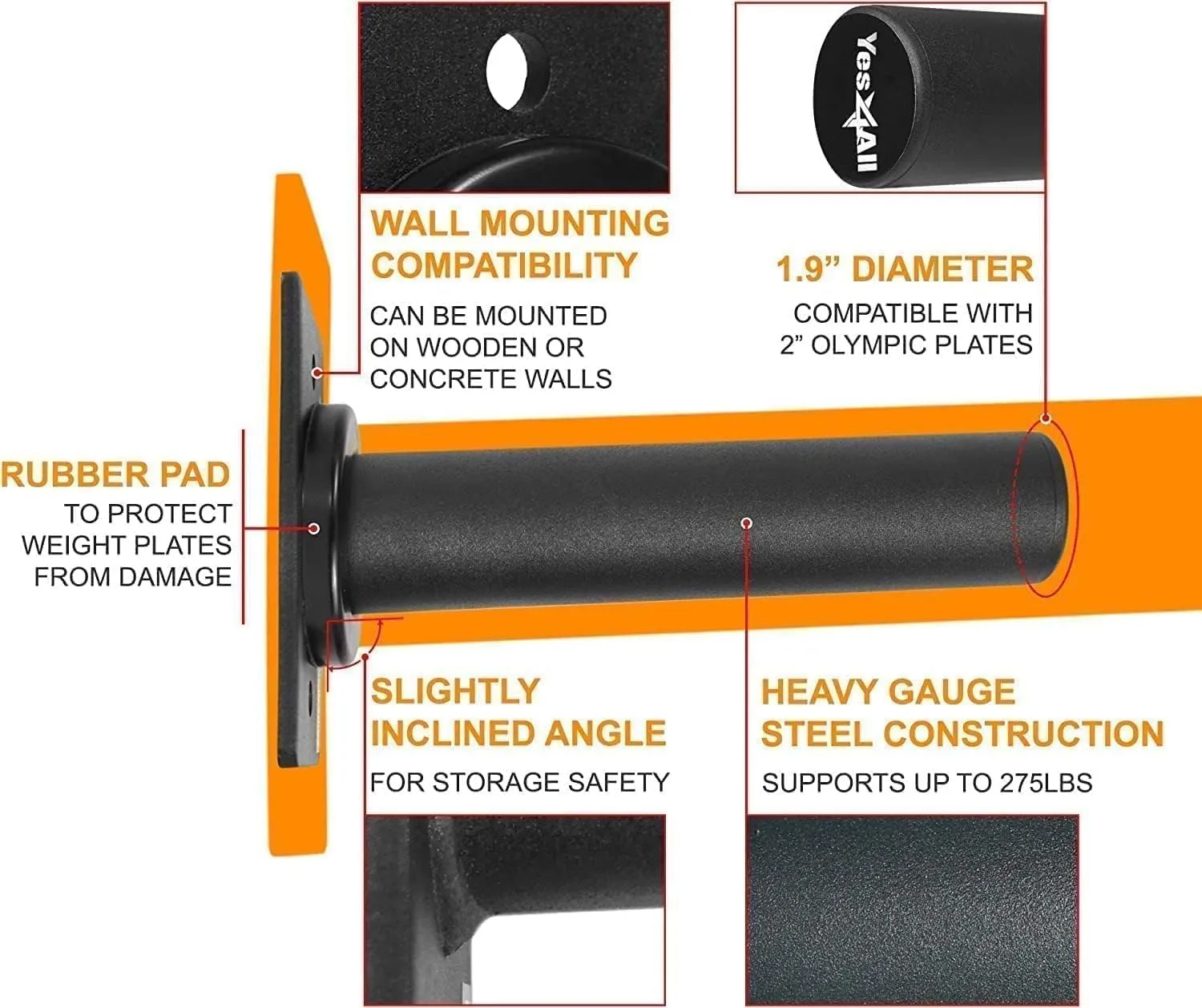 Yes4All Wall Mounted Weight Plate Holder - Fit 2inch Olympic Weight Plates, Protective Rubber Pad