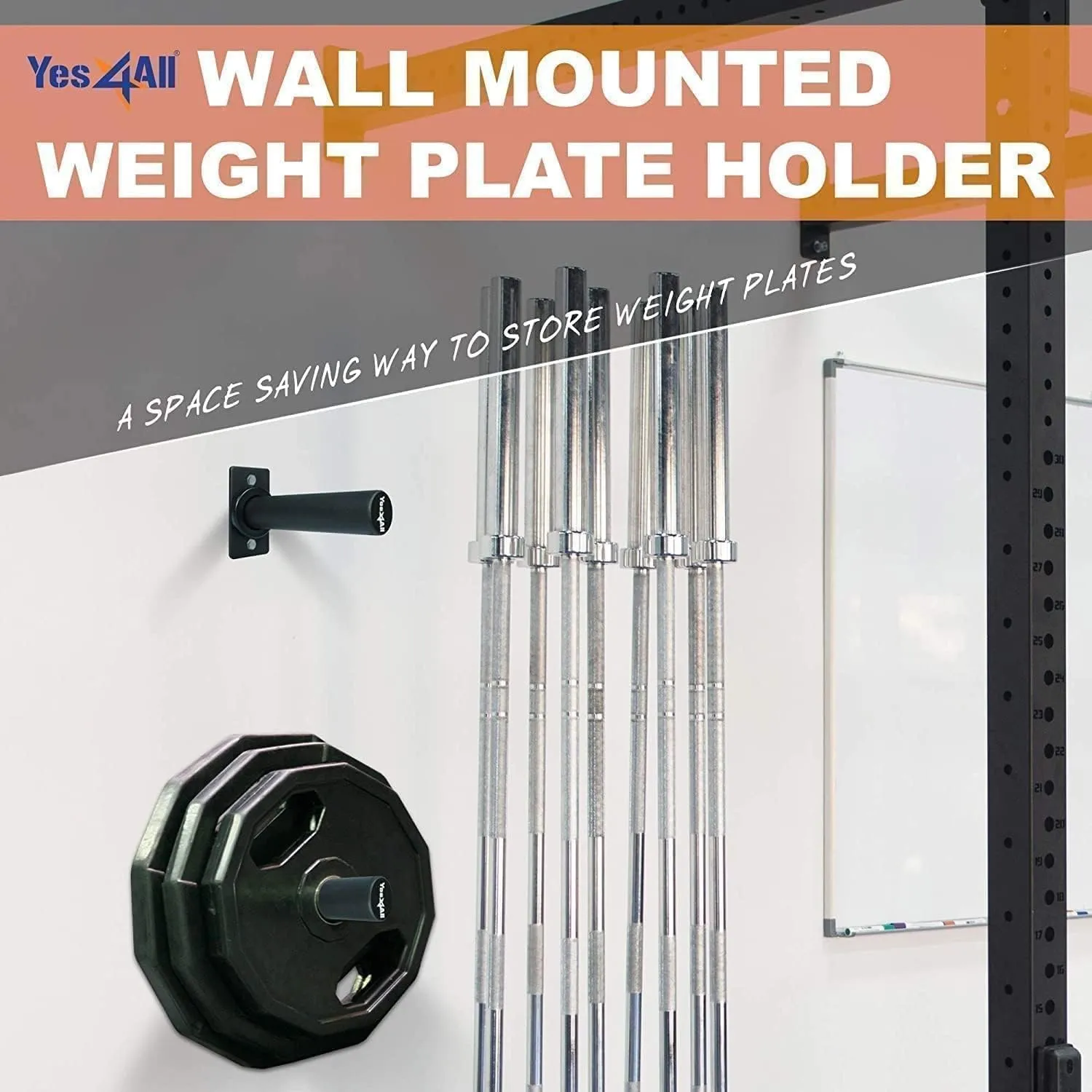 Yes4All Wall Mounted Weight Plate Holder - Fit 2inch Olympic Weight Plates, Protective Rubber Pad