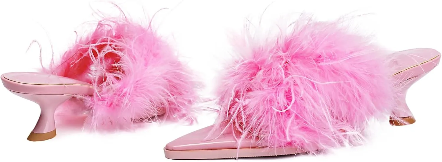 YIYA Women's Fuzzy Kitten Low Heels Mules Sandals Fluffy Feather Open Pointed Toe Slip on Slide Fur Slipper Party Dress Shoes