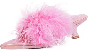 YIYA Women's Fuzzy Kitten Low Heels Mules Sandals Fluffy Feather Open Pointed Toe Slip on Slide Fur Slipper Party Dress Shoes