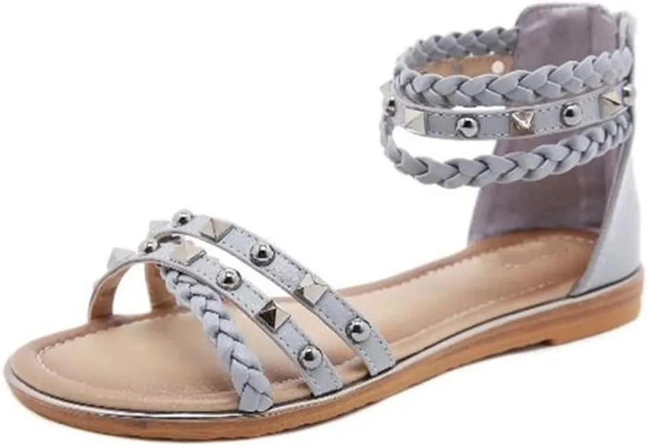 Youllyuu Women Ethnic Style Sandals Female Rivet Woven Flats Retro Roman Sandals