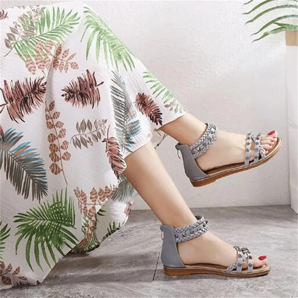 Youllyuu Women Ethnic Style Sandals Female Rivet Woven Flats Retro Roman Sandals